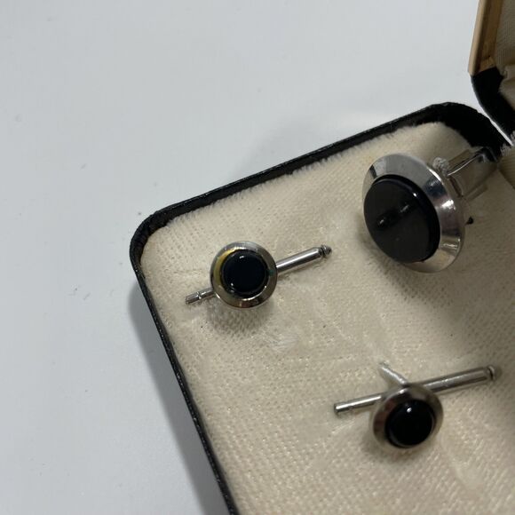 Vtg After Six By Rudofker Silver Black Men’s Formal Classic Cufflink Stud Set - Picture 2 of 6